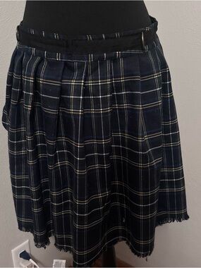 Current Mood Navy Plaid Pleated Mini Skirt with Subtle Cream Stripes